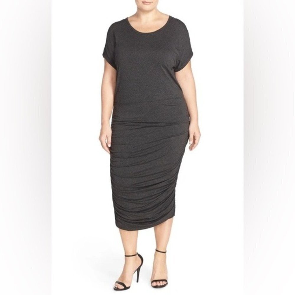 Vince Camuto Side Ruched Jersey Midi Dress in Dark Heather Gray Size 3X NWT